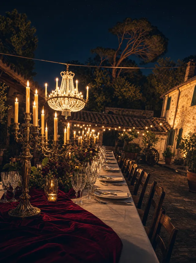 Immagine di campagna del Gran Ballo Russo: una lunga tavola apparecchiata in una corte, fra candelabri accesi e lampadari di cristallo
