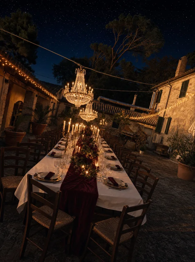 Immagine di campagna del Gran Ballo Russo: una lunga tavola apparecchiata in una corte, fra candelabri accesi e lampadari di cristallo