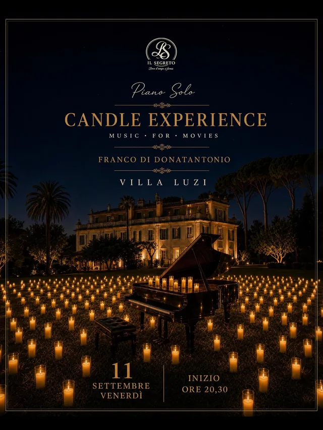 Locandina della Candle Experience: il titolo della serata sopra una distesa di candele accese