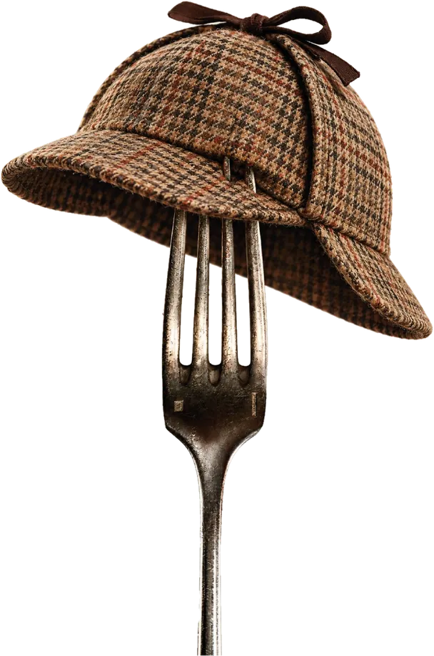 Un cappello da detective in tweed infilzato sui rebbi di una forchetta d’argento