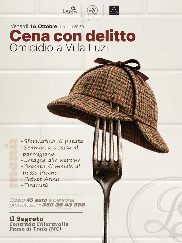 Locandina della Cena con delitto: un cappello da detective infilzato su una forchetta, con il titolo, la data e il menù