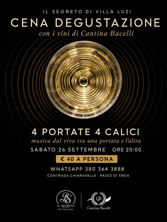 Locandina della Cena degustazione: un calice di Verdicchio visto dall&rsquo;alto, con il titolo, la data e il prezzo
