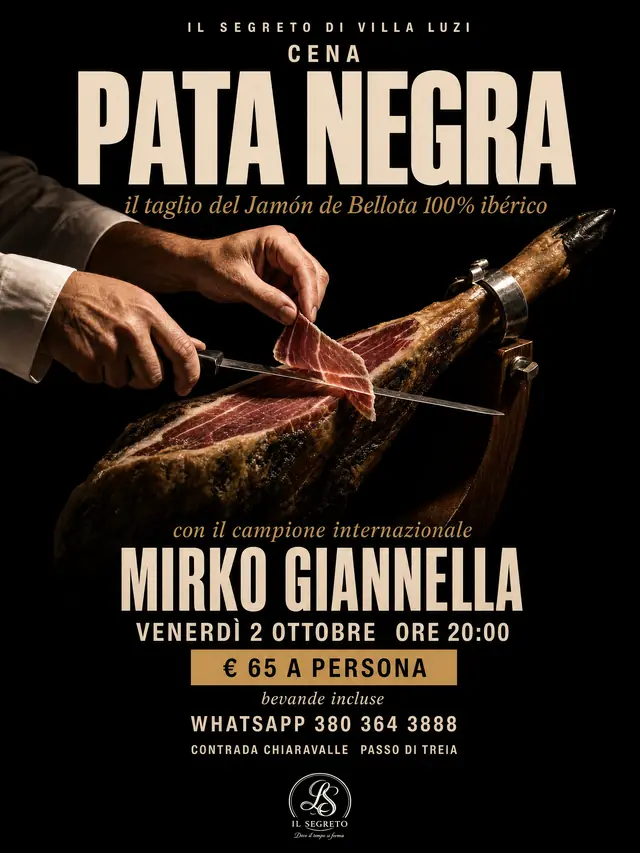 Locandina della Cena Pata Negra: le mani di un cortador che tagliano il prosciutto, con il titolo, la data e il prezzo