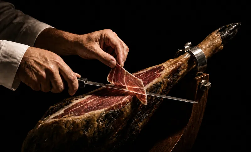 Le mani di un cortador che tagliano al coltello una fetta di prosciutto crudo dal jamón fissato al supporto