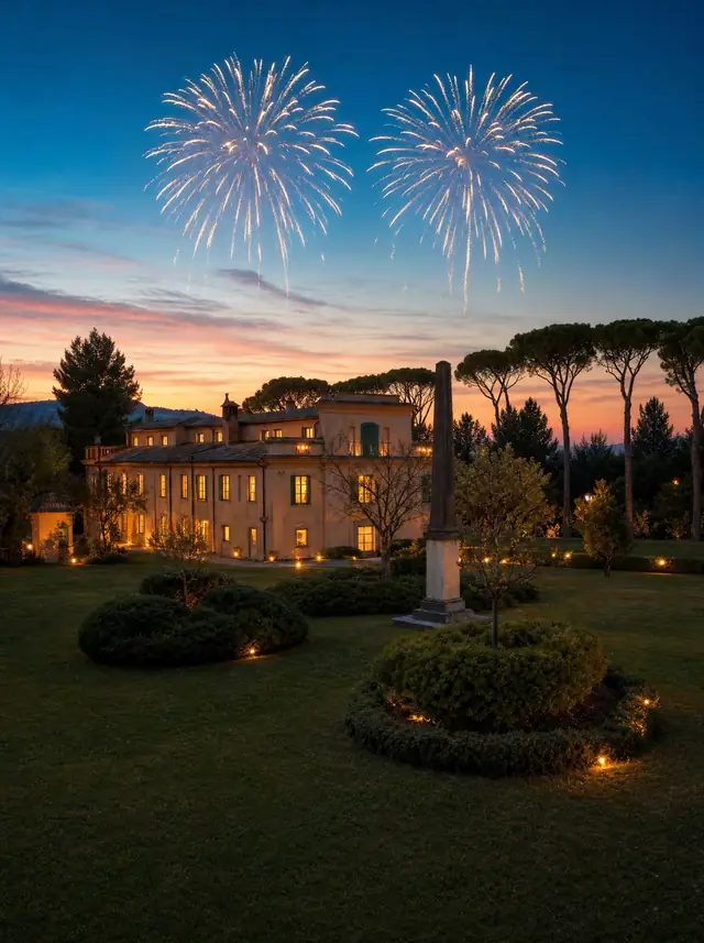 La villa illuminata all&rsquo;ora blu, con i fuochi d&rsquo;artificio aperti nel cielo sopra il parco