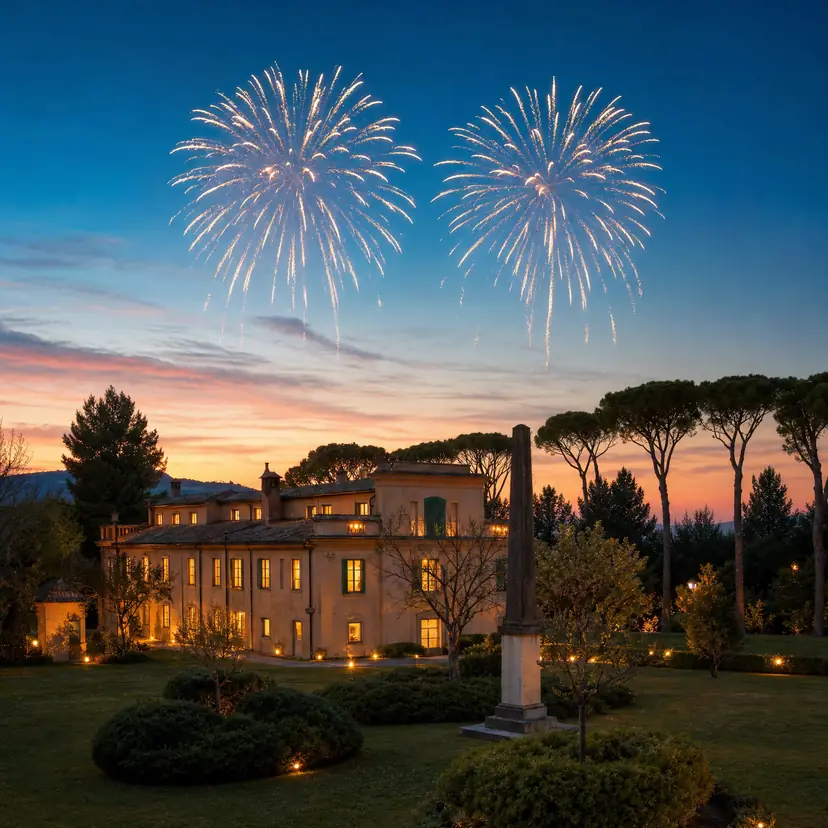Villa Luzi 1737 all&rsquo;ora blu, con i fuochi d&rsquo;artificio nel cielo sopra la dimora