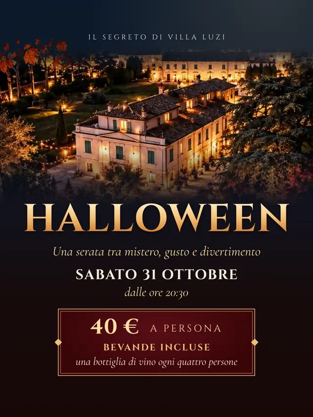 Halloween: il titolo in oro sotto l&rsquo;illustrazione della villa illuminata nella notte, con la data e il prezzo