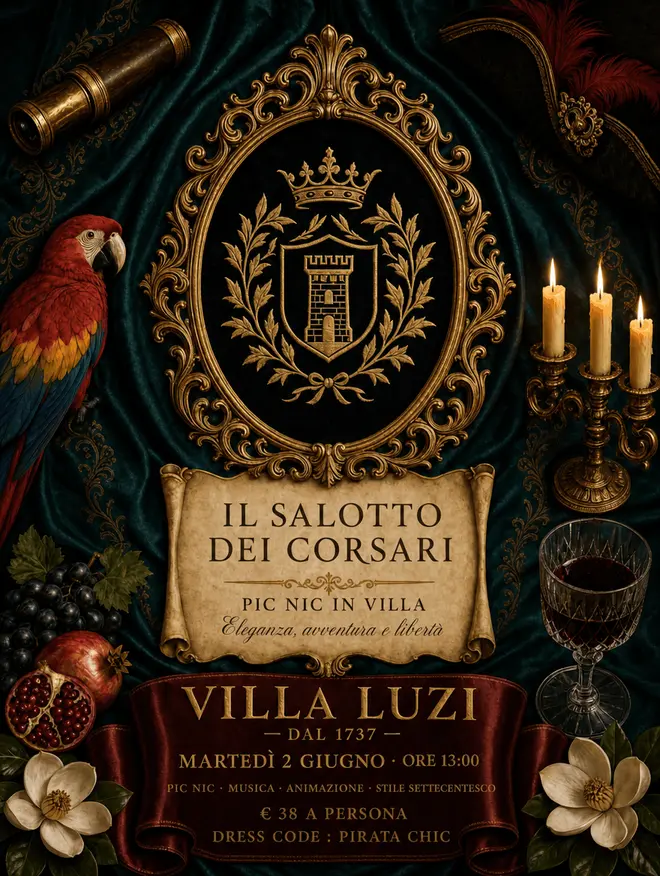 Locandina del Salotto dei Corsari, il pic nic in villa di martedì 2 giugno a Villa Luzi