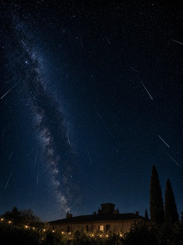 Il cielo stellato di San Lorenzo sopra il parco di Villa Luzi, con una scia luminosa fra le stelle