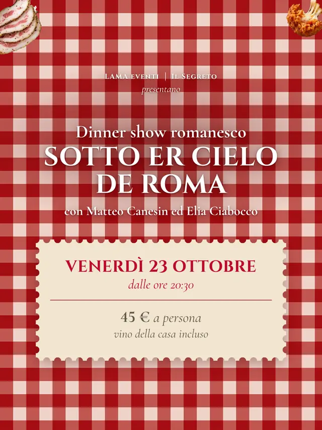 Sotto er cielo de Roma: il titolo su una tovaglia a quadretti rossi, con guanciale e supplì negli angoli e il cartoncino con la data e il prezzo